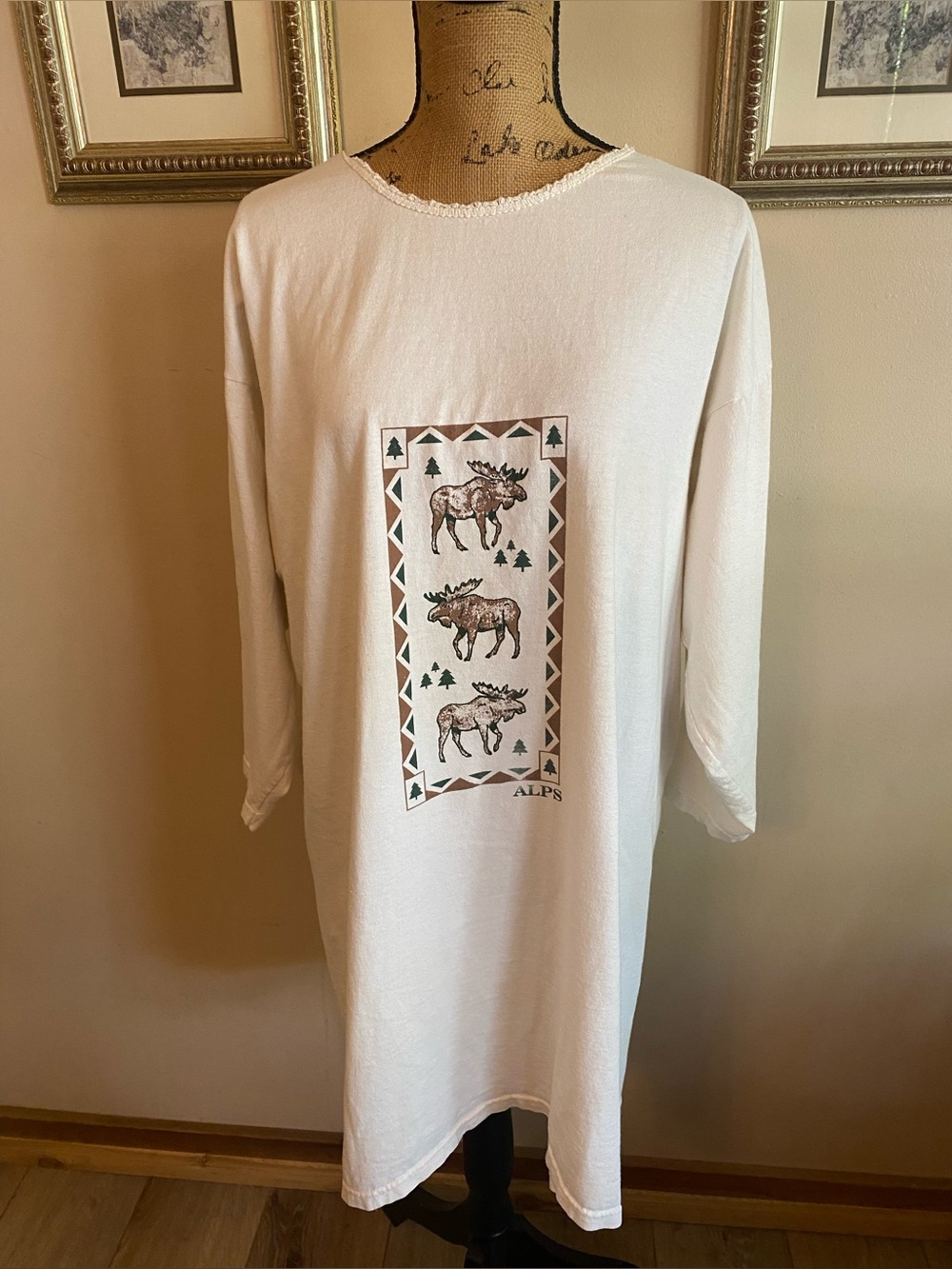 ALPS Moose Sleep Shirt Nightgown OS Cottagecore Graphic Long Sleeve VTG Plz Read